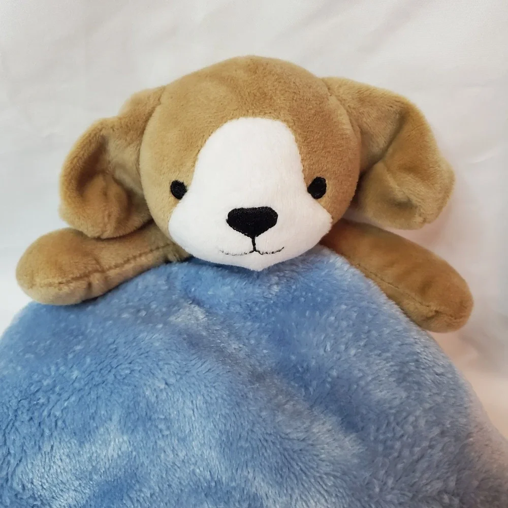 Carters Brown White Puppy Dog Blue Security Blanket Plush Lovey Toy‎